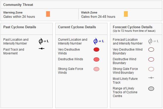 The forecast path shown above is the Bureau’s best estimate of the cyclone’s future movement and intensity. There is always some uncertainty associated with tropical cyclone forecasting and the grey zone indicates the range of likely tracks of the cyclone centre.<br />
<br />
Due to the uncertainty in the future movement, the indicated winds will almost certainly extend to regions outside the rings on this map. The extent of the warning and watch zones reflects this.<br />
<br />
This product is designed for land-based communities; mariners should read the coastal waters and high seas warnings. © SW